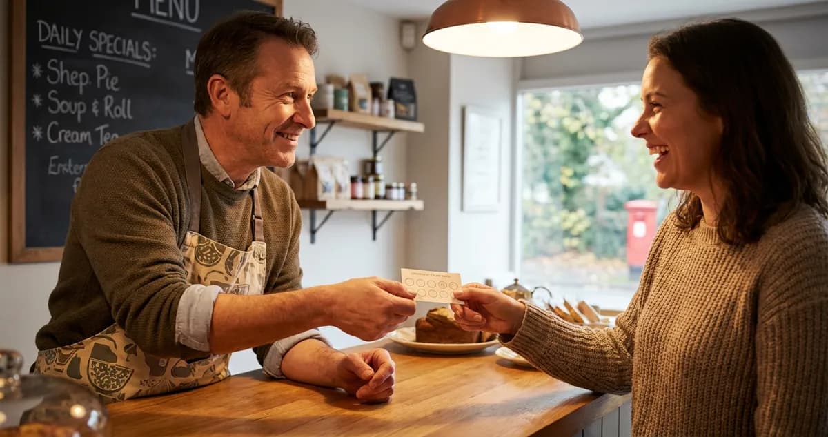 Restaurant loyalty program card being handed to a smiling customer at a UK independent restaurant