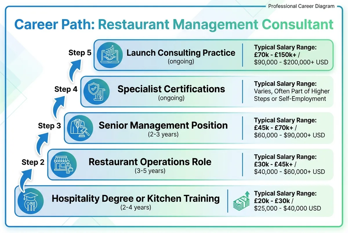 Diagram showing the step-by-step career path to becoming a restaurant management consultant