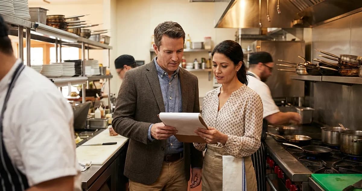 Restaurant management consultant reviewing operations with a restaurant owner in a busy kitchen