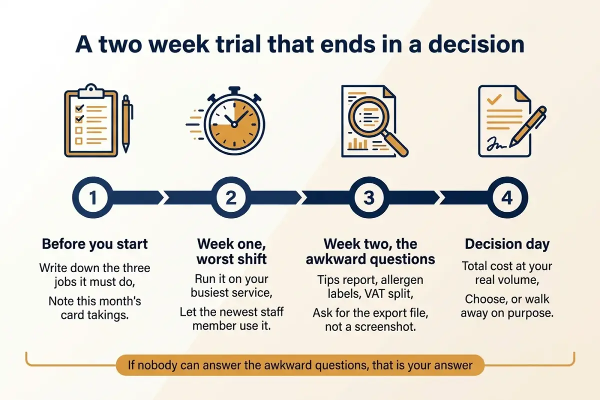 Two week restaurant management software trial timeline, worst service first, ending on a decision date