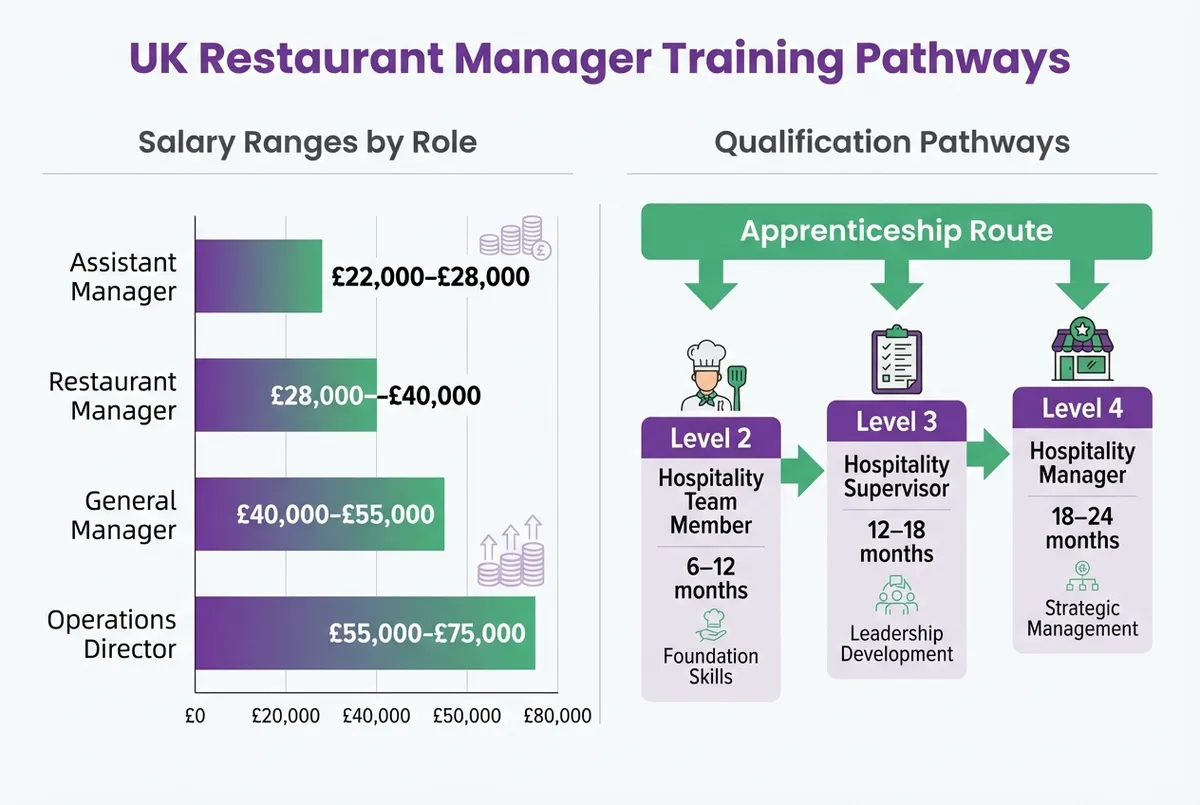 Diagram showing UK restaurant manager training salary ranges by type and qualification pathways including Level 2, Level 3, and apprenticeship routes