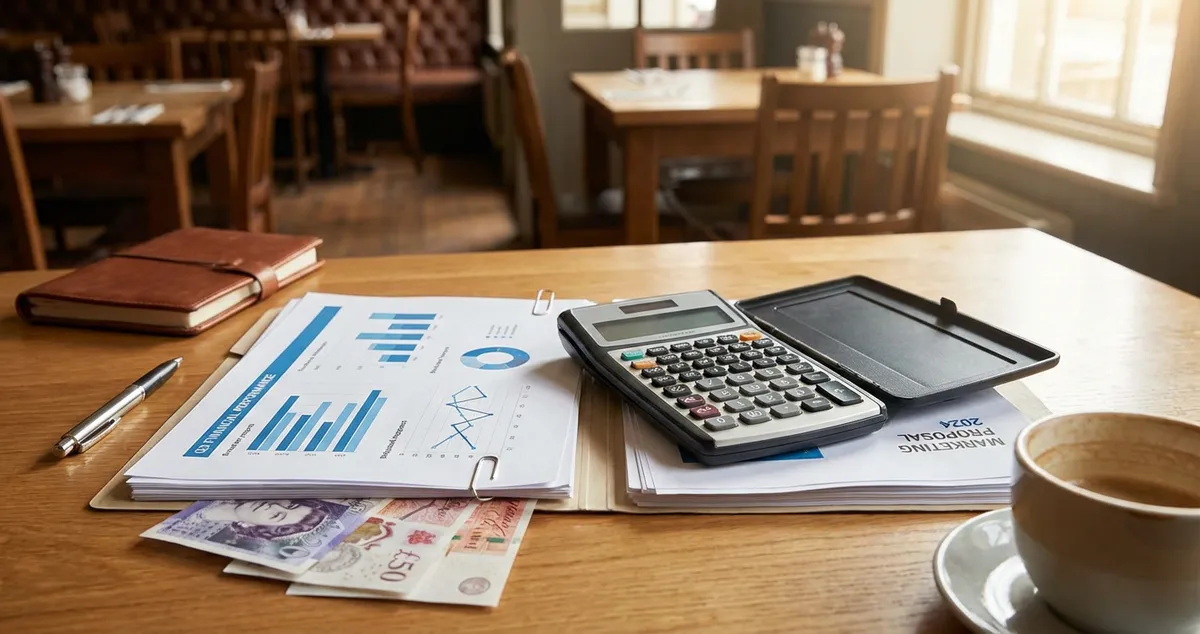 Restaurant owner reviewing marketing agency cost proposals and budget spreadsheets