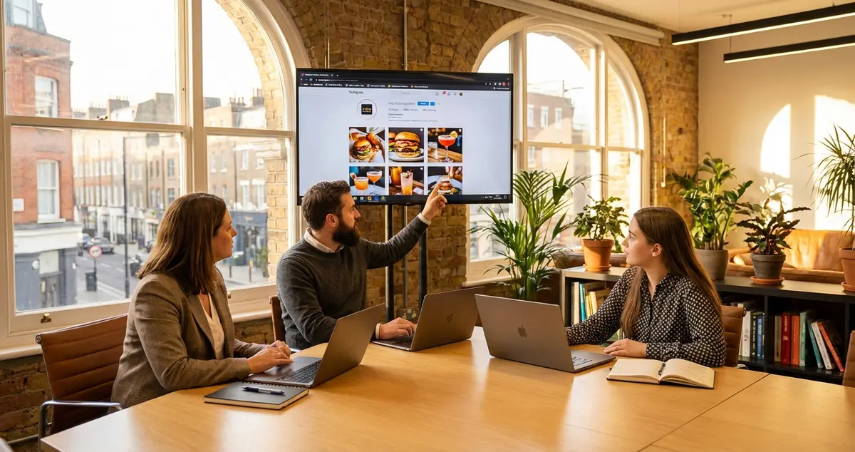 Restaurant owner reviewing marketing proposals from specialist hospitality agencies