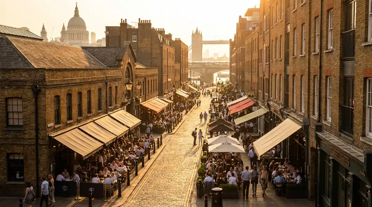 London restaurant street scene reflecting the competitive hospitality marketing landscape