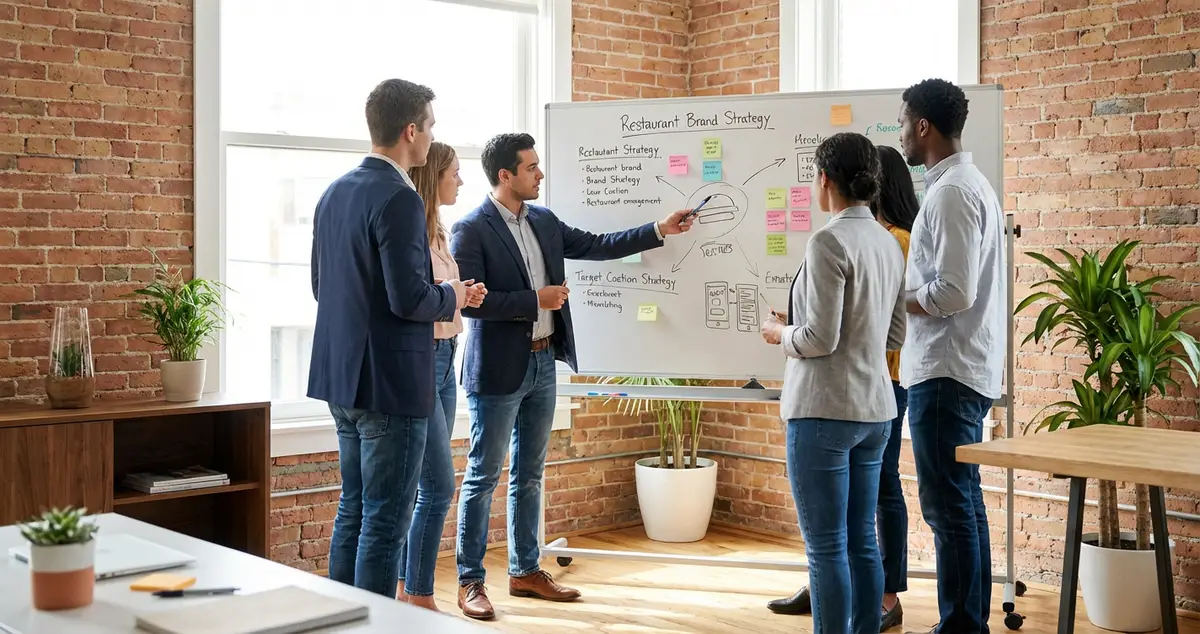 Restaurant owner weighing up different marketing company options at a table with proposals