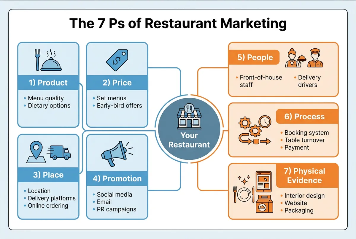 Diagram showing the 7 Ps of restaurant service marketing with examples for each element