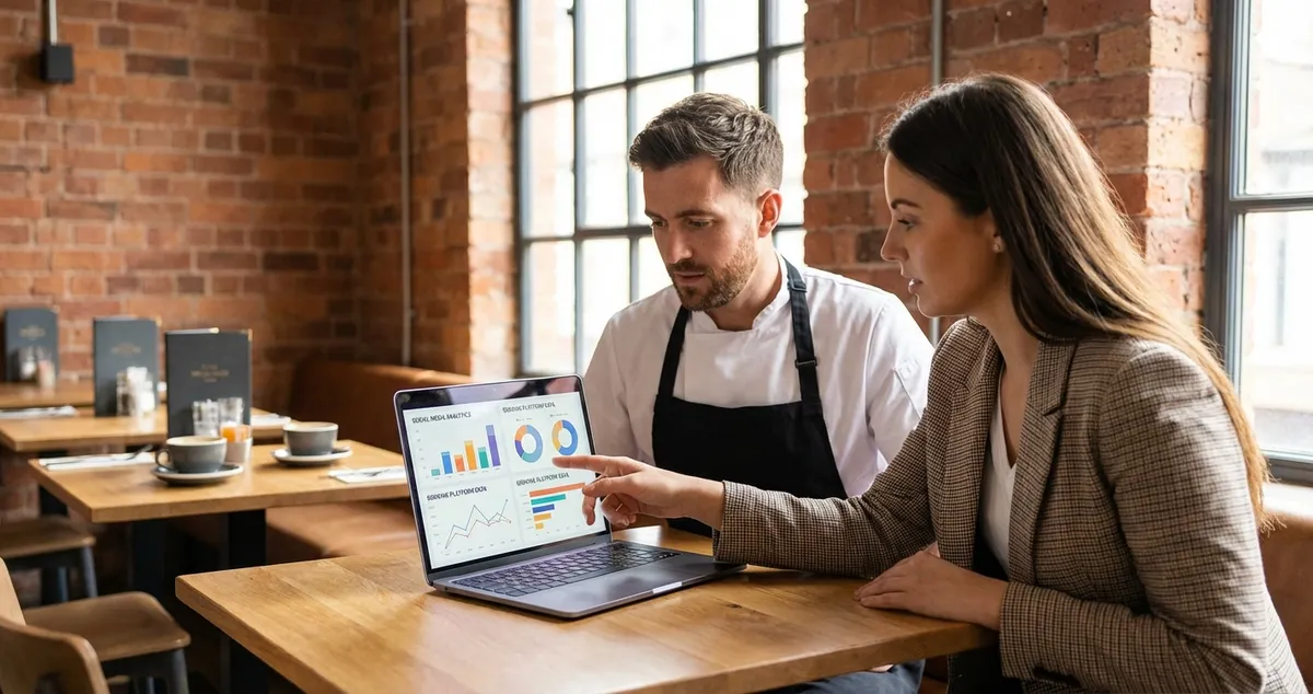 Restaurant marketing consultant presenting a digital strategy to a restaurant owner on a laptop