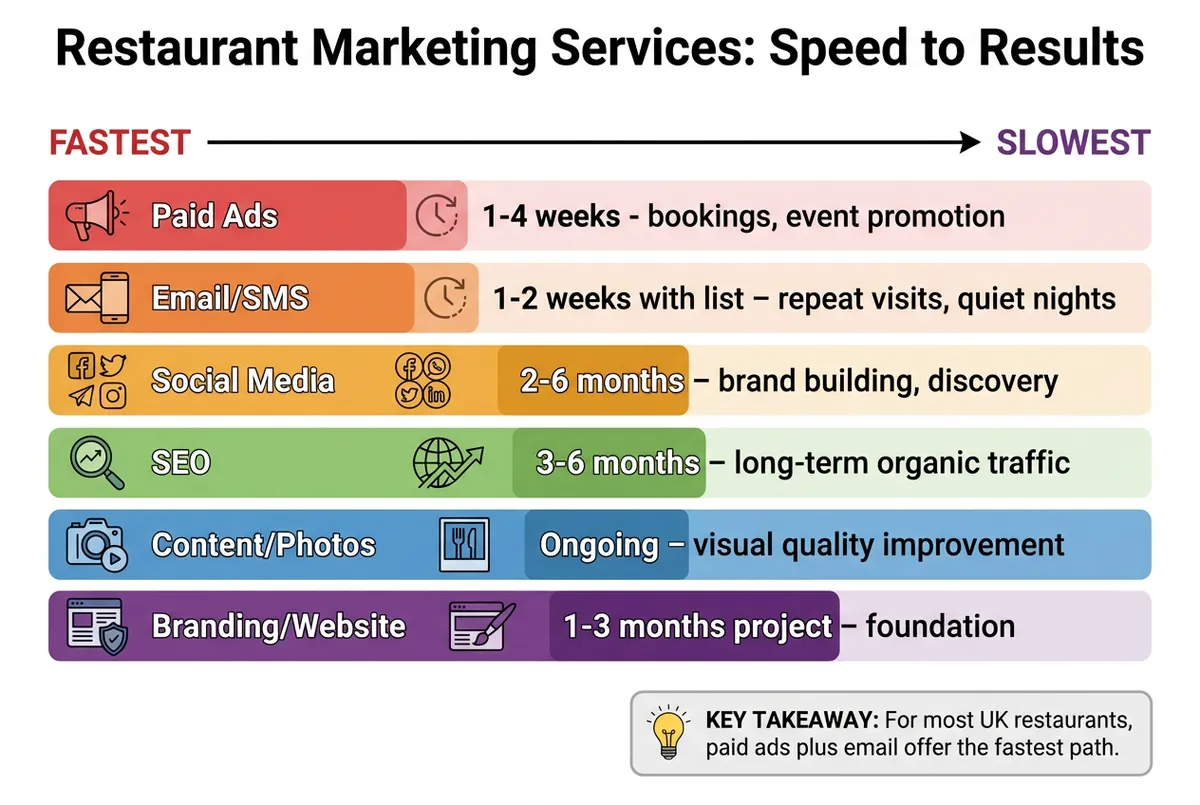 Timeline chart ranking restaurant marketing services from fastest to slowest results