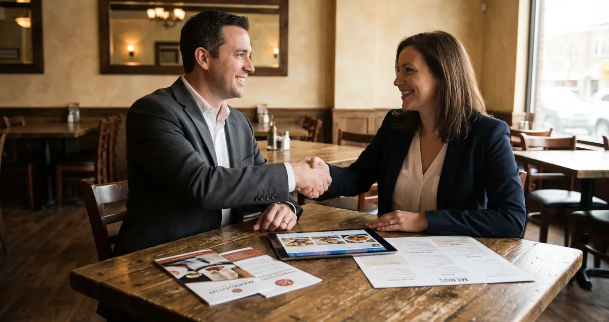 A breakdown of restaurant marketing services displayed alongside a restaurant planning desk