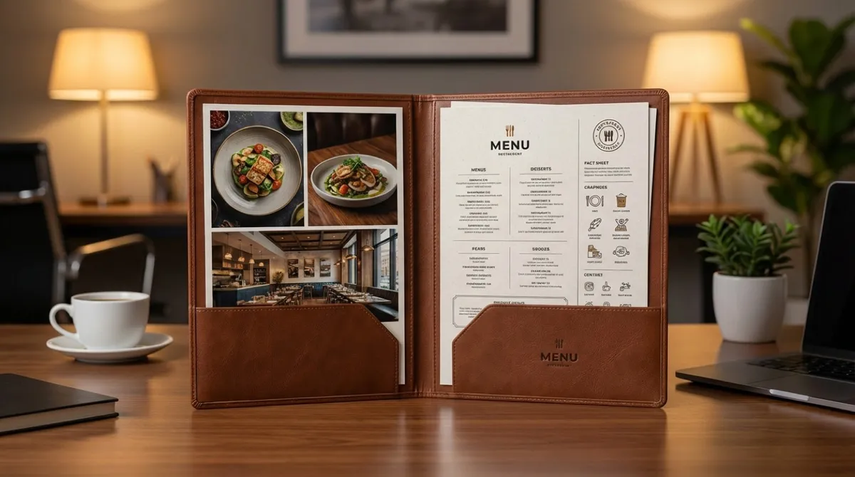 Restaurant media kit displayed on a laptop with printed press materials