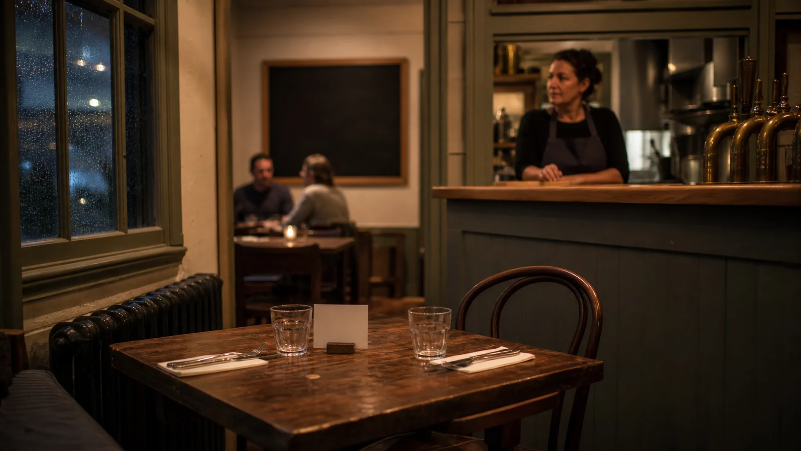 Restaurant owner at the pass looking across a half full dining room