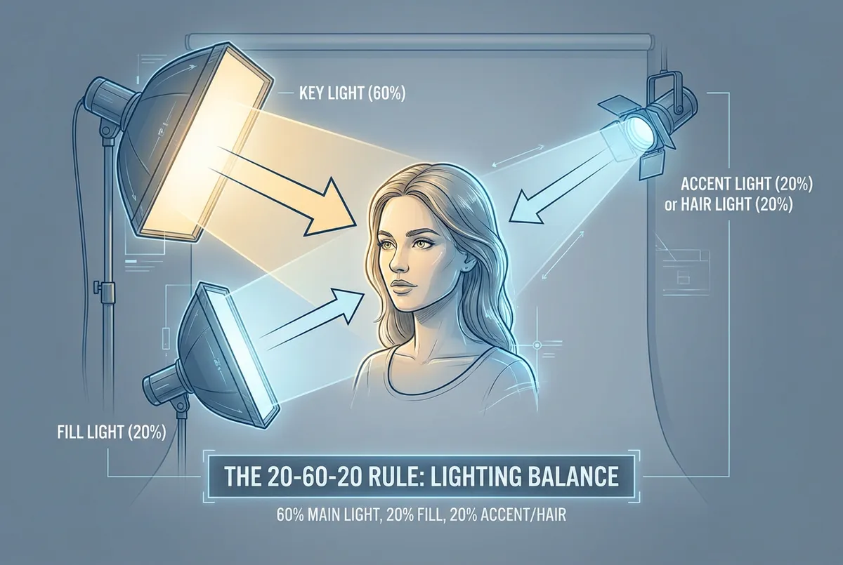 Illustration showing the 20-60-20 lighting setup with key, fill, and backlighting positions
