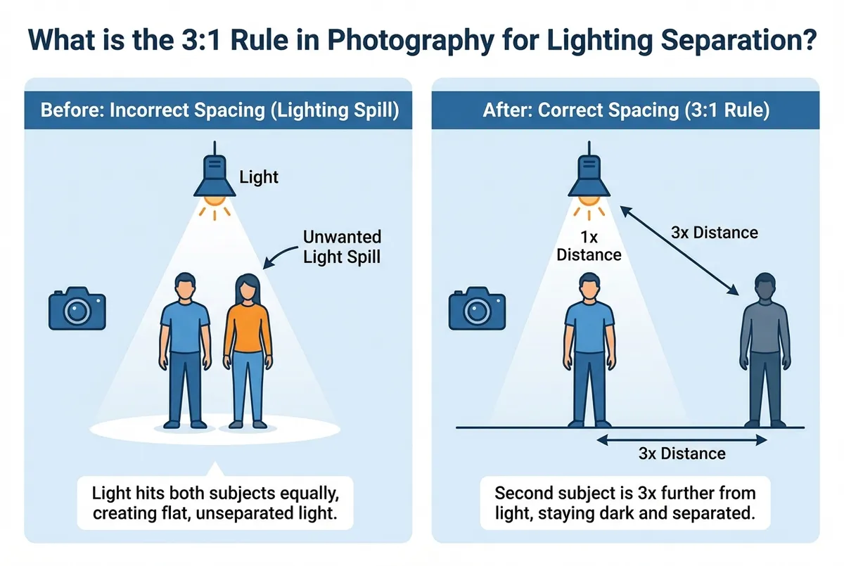 Side-by-side comparison showing the difference between 3:1 lighting ratio and incorrect ratios
