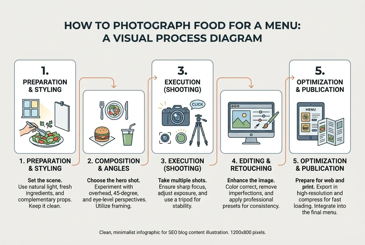Diagram showing the five-step process for photographing restaurant menu items