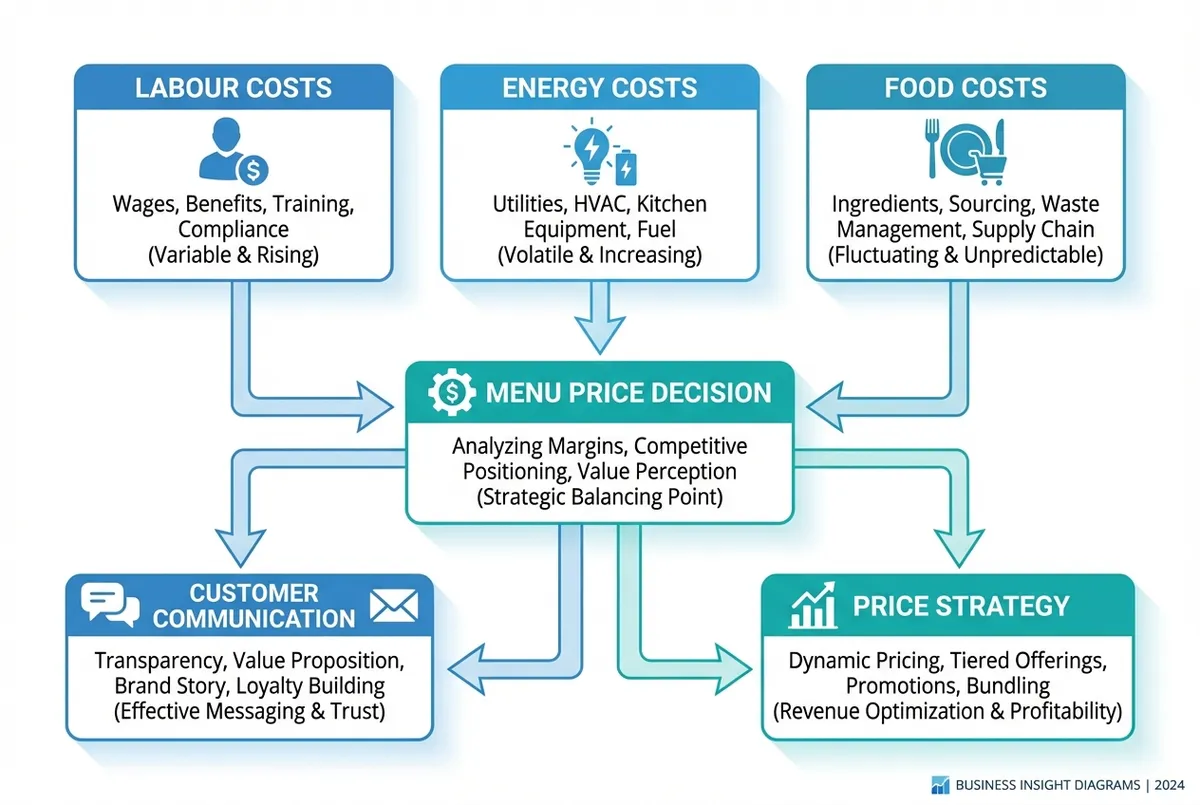 Flowchart of a restaurant menu price increase decision, from costs to telling customers
