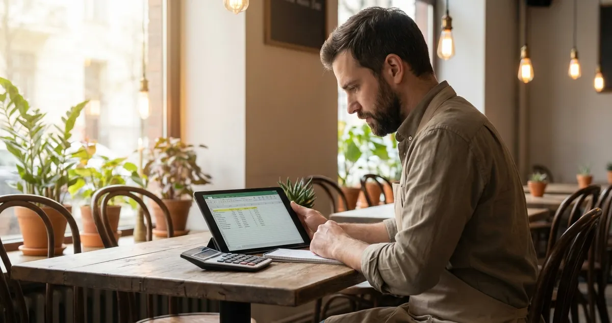 Restaurant owner calculating menu price increase on tablet with menu and calculator on table