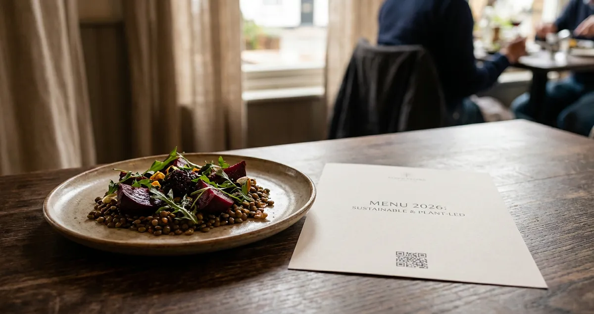 Modern restaurant menu showcasing 2026 dining trends with plant-forward options and clean design