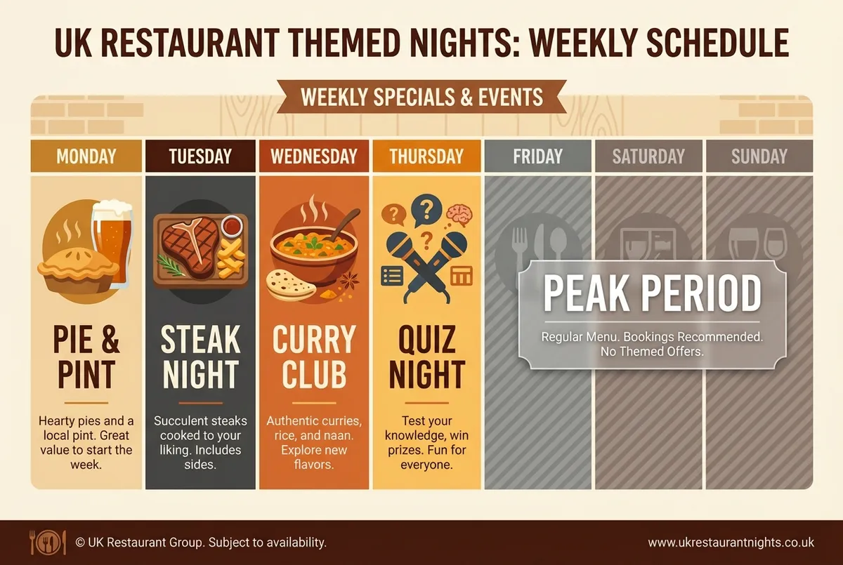 Restaurant midweek offers calendar showing Monday through Thursday themed night promotions