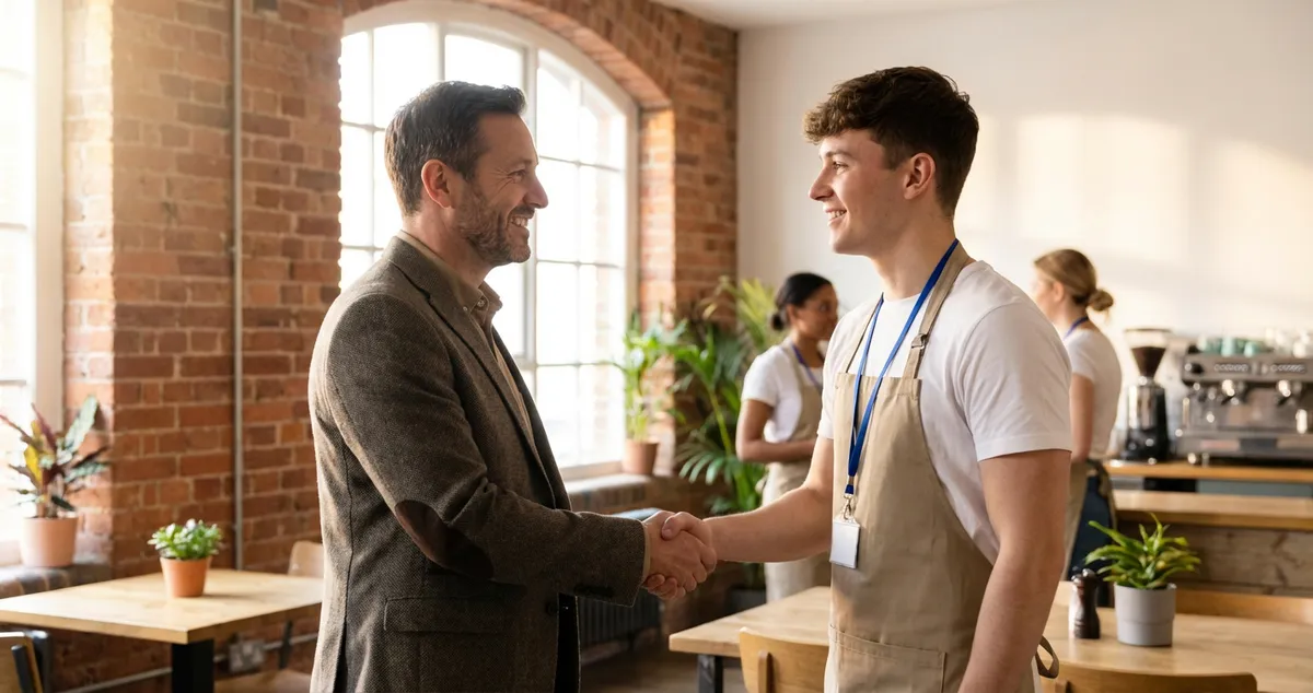 New restaurant employee completing an onboarding checklist with their manager on day one