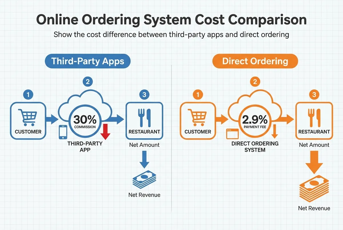 Comparison diagram showing commission-free vs third-party ordering costs