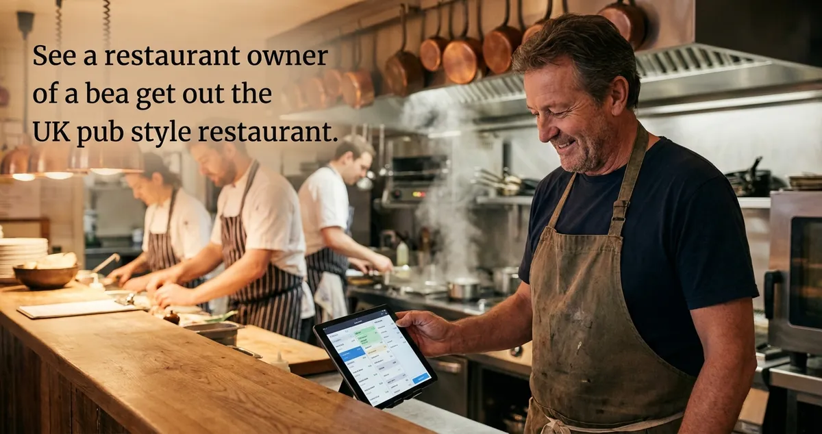 Restaurant owner reviewing online orders on tablet in busy kitchen