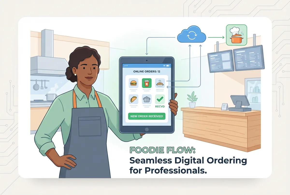 Restaurant owner setting up tablet ordering system on counter