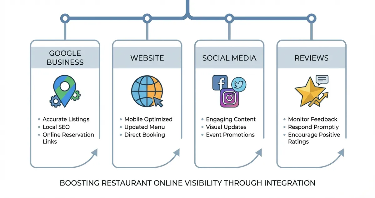 Diagram showing the four pillars of restaurant online visibility: Google profile, website, social media, and reviews