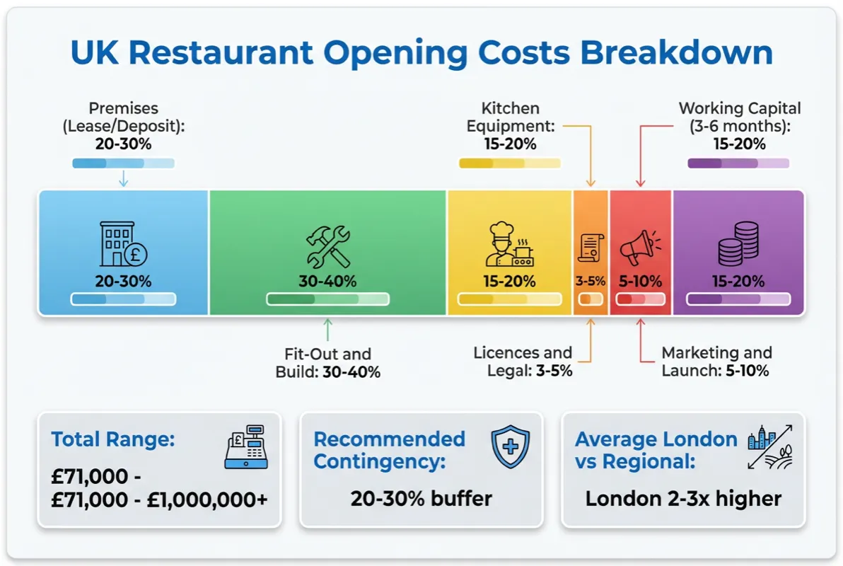 Diagram showing UK restaurant opening cost breakdown by category with percentage allocations