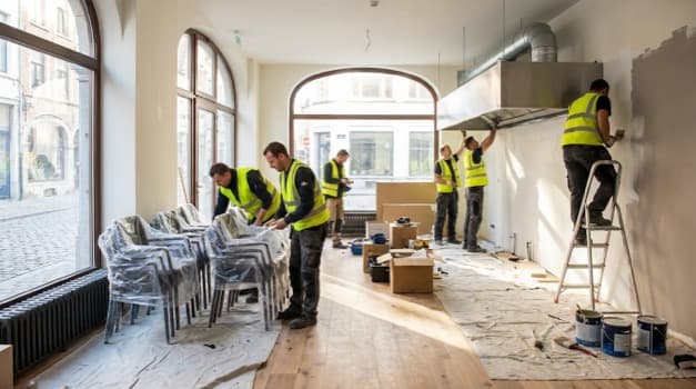 Restaurant under preparation for opening with workers setting up furniture and equipment