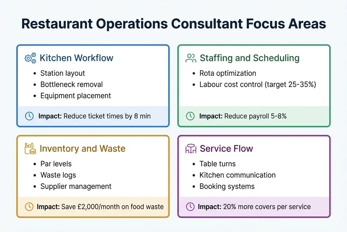 Grid of four restaurant focus areas: kitchen workflow, staffing, inventory and service