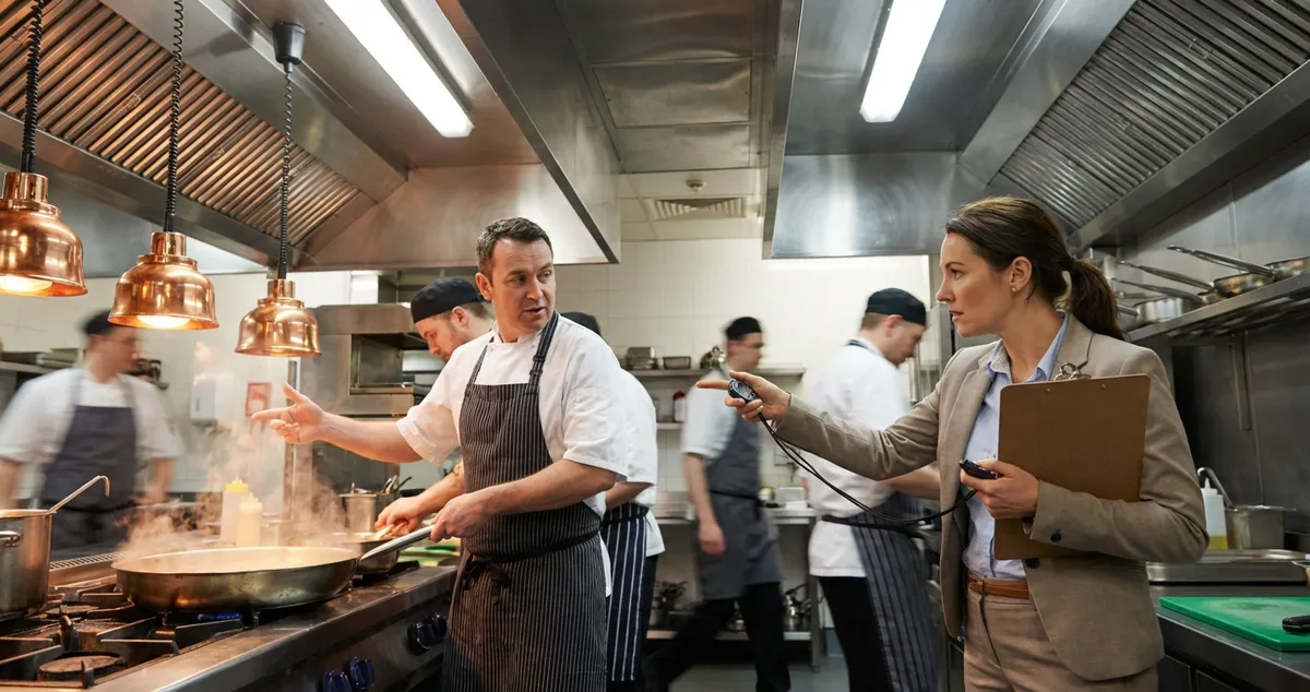 Restaurant operations consultant analysing kitchen workflow with a head chef during service