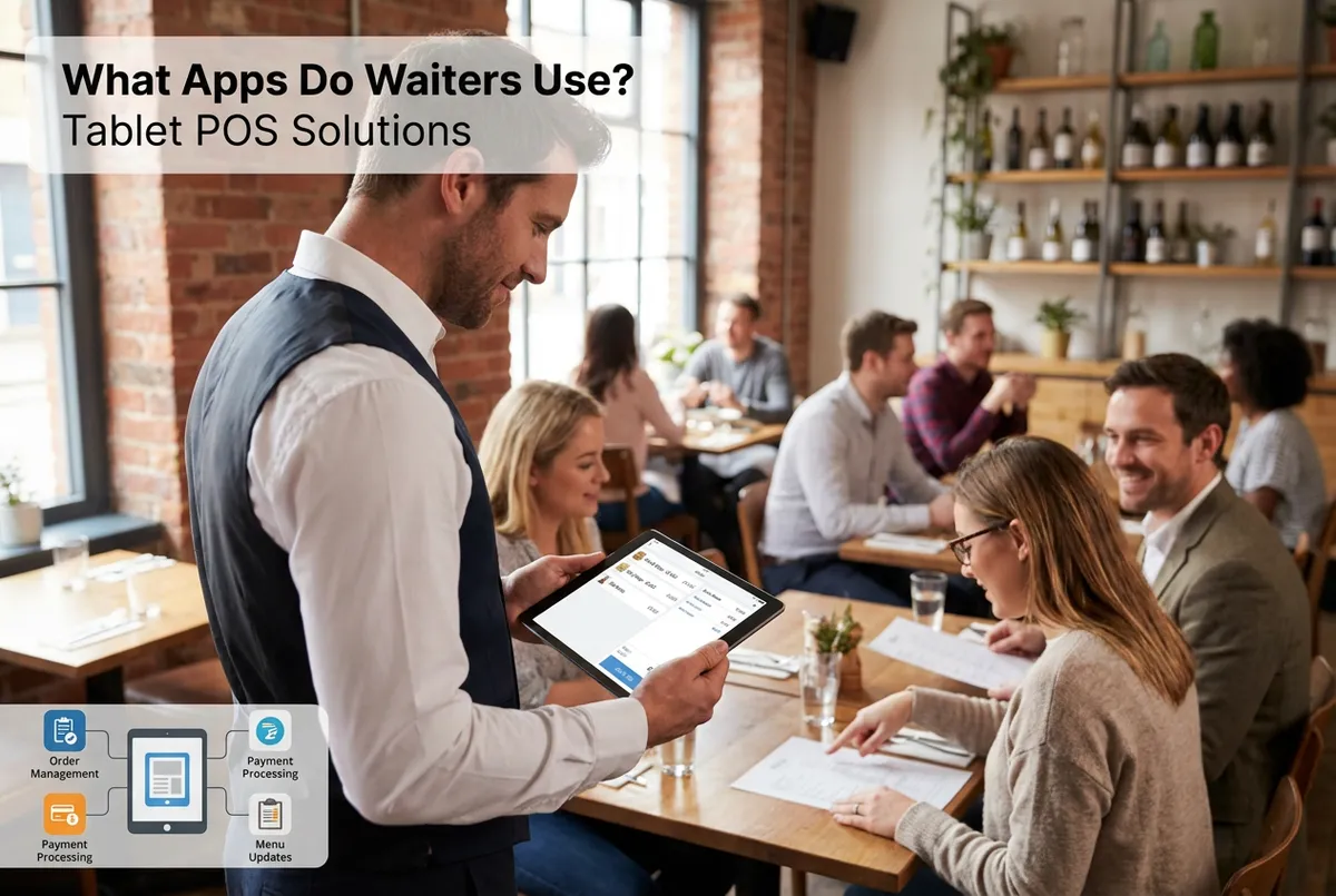 Waiter taking order on tablet app at restaurant table