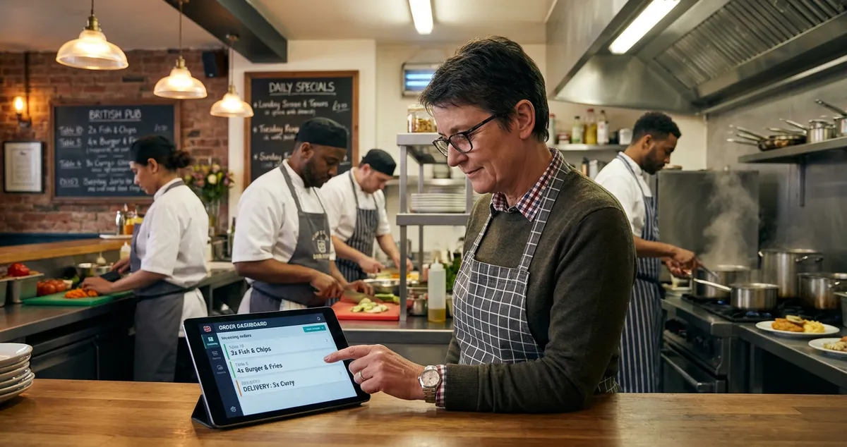 Restaurant owner reviewing orders on a tablet ordering system in a busy UK restaurant kitchen