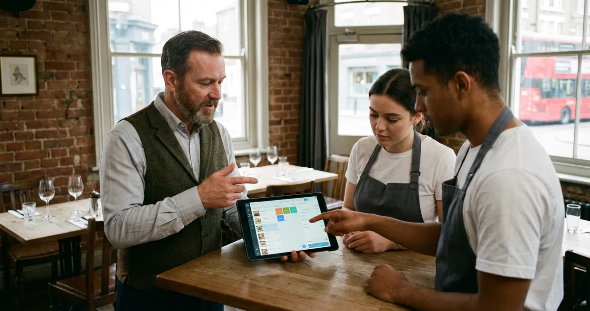 Staff member training colleagues on a tablet-based restaurant ordering system