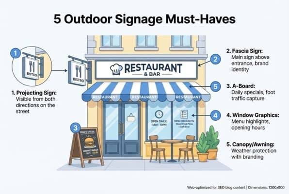 Restaurant outdoor signage materials comparison diagram showing aluminium, acrylic, wood and foam board with durability ratings