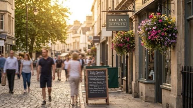 Various restaurant outdoor signage including A-boards, projecting signs and fascia lettering on a UK high street