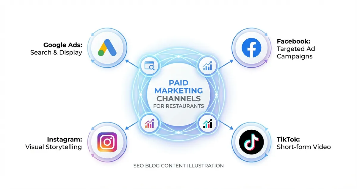 Comparison of restaurant paid marketing channels showing intent, cost, and best use cases