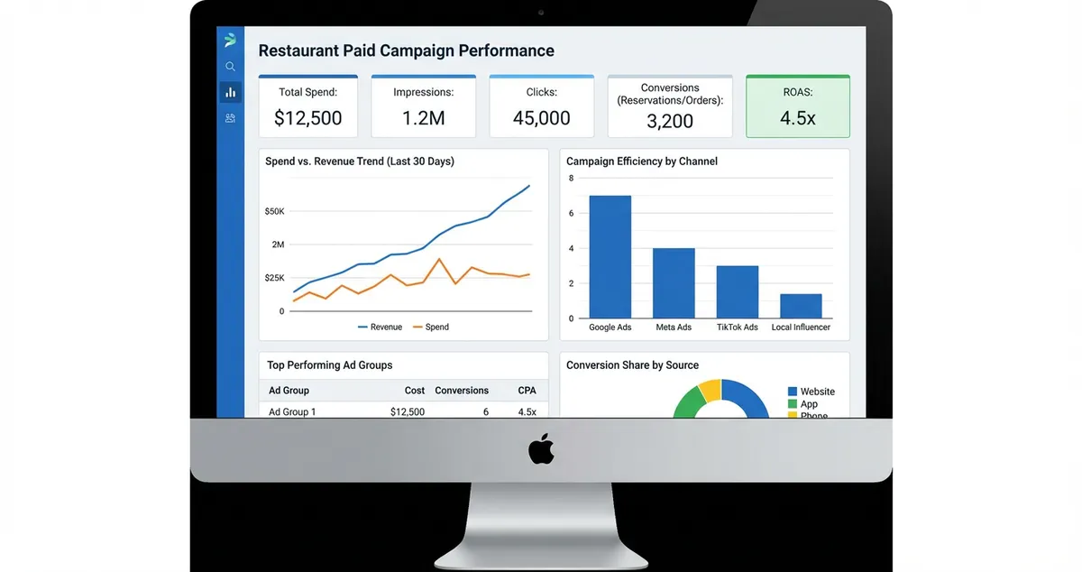 Restaurant owner planning paid marketing budget on laptop