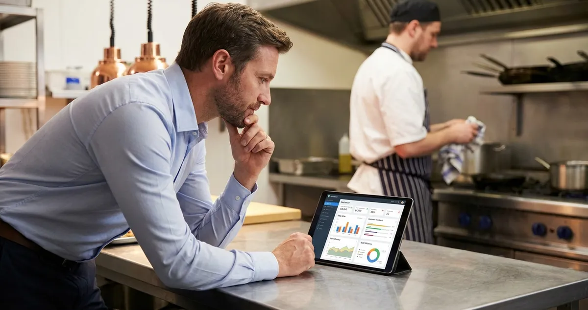 Restaurant manager reviewing key performance metrics on tablet in busy kitchen