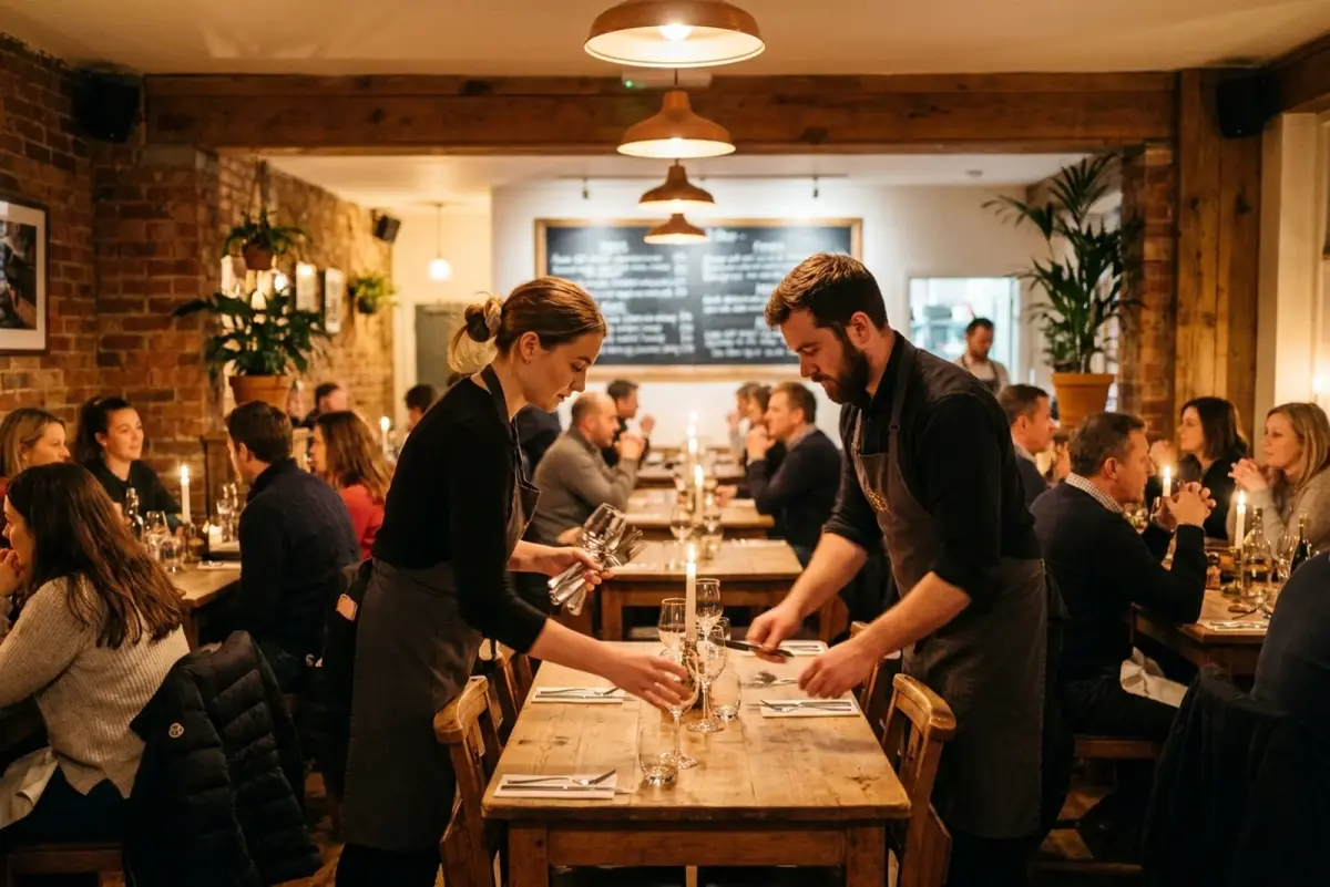 Waiters resetting tables during a busy evening service in a UK restaurant dining room