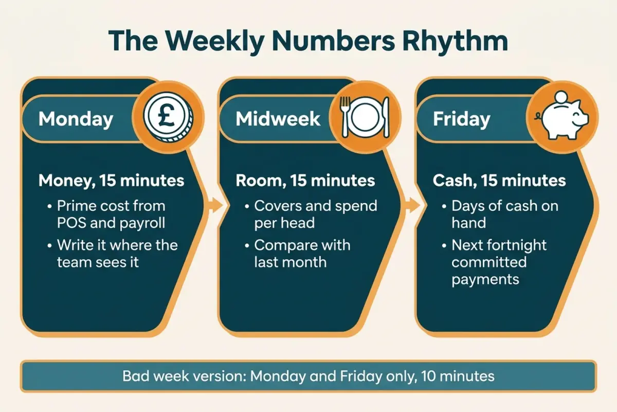 Diagram of the weekly restaurant metrics rhythm: Monday money check, midweek covers review and Friday cash check