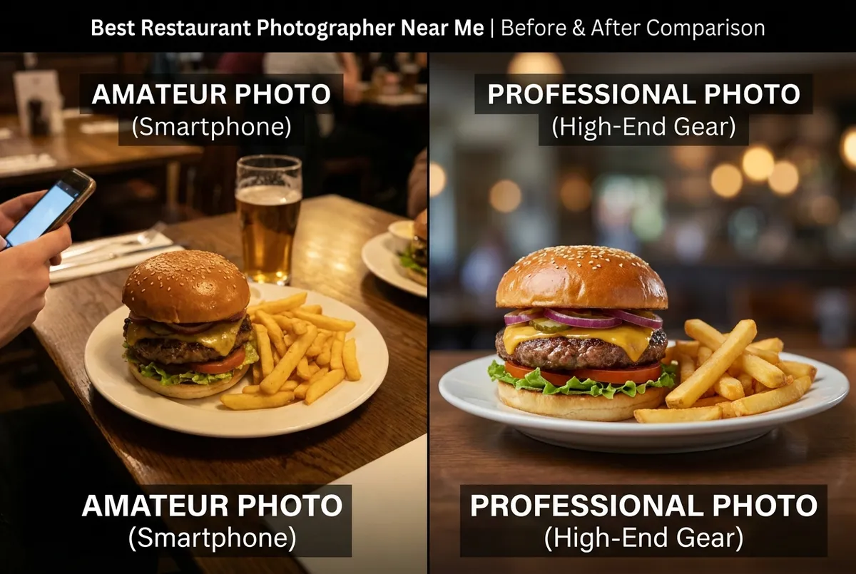 Side by side comparison of amateur phone photo versus professional restaurant photographer's work
