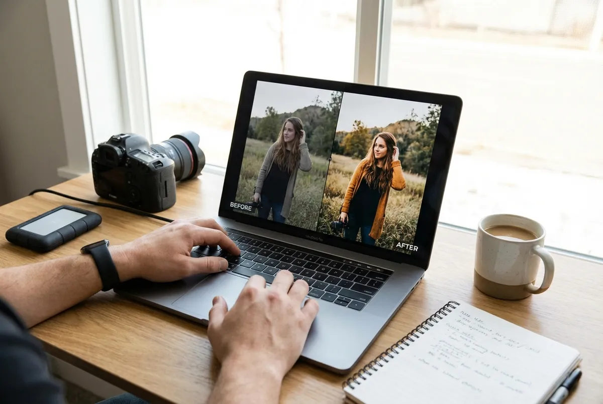 Restaurant photographer editing food photos on laptop showing before and after comparisons