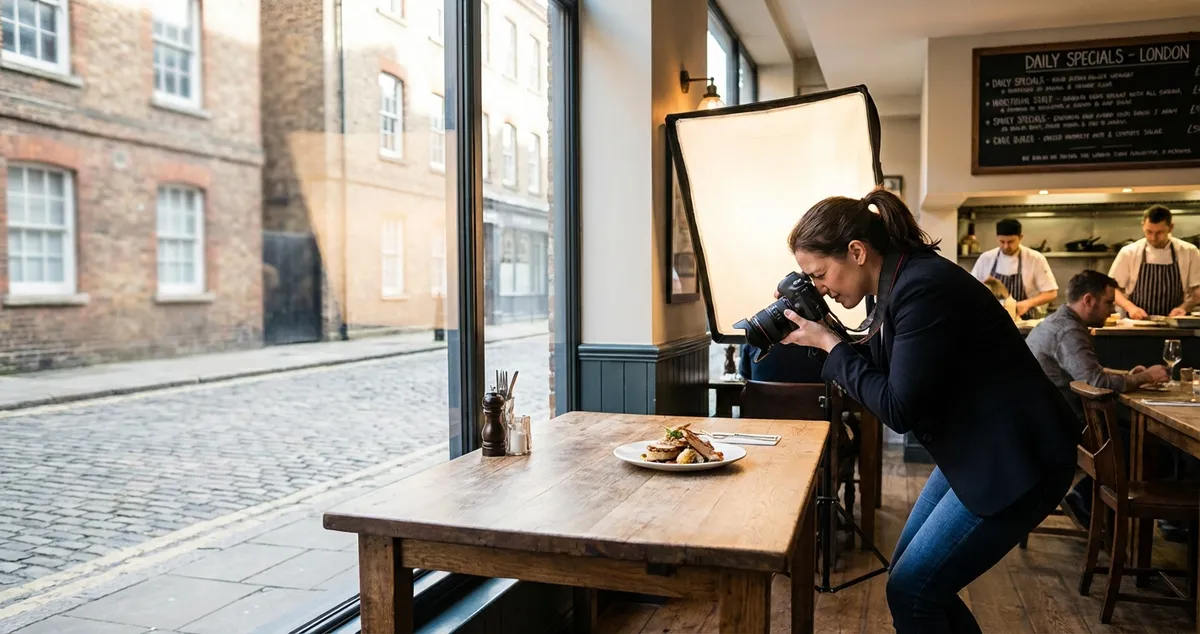 Professional restaurant photographer photographing plated food in a bright restaurant setting