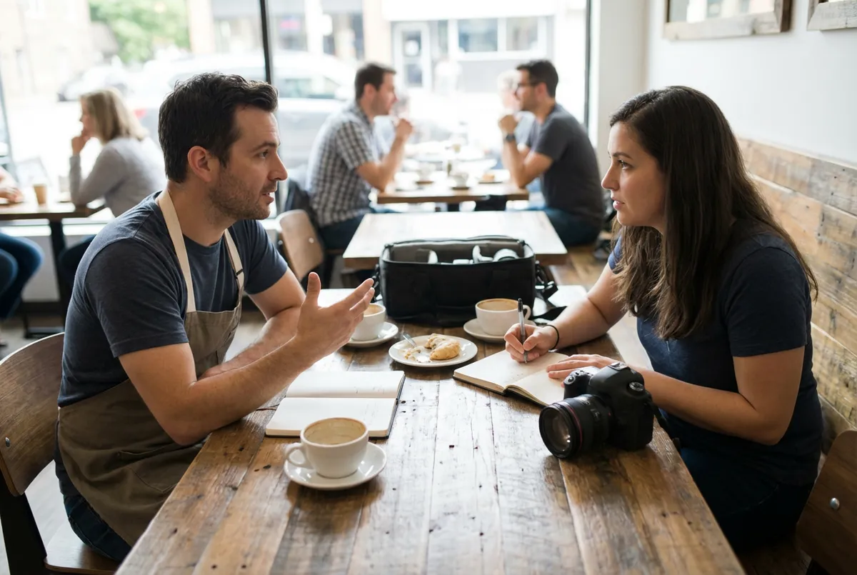 Photographer discussing pricing and packages with restaurant owner at a table