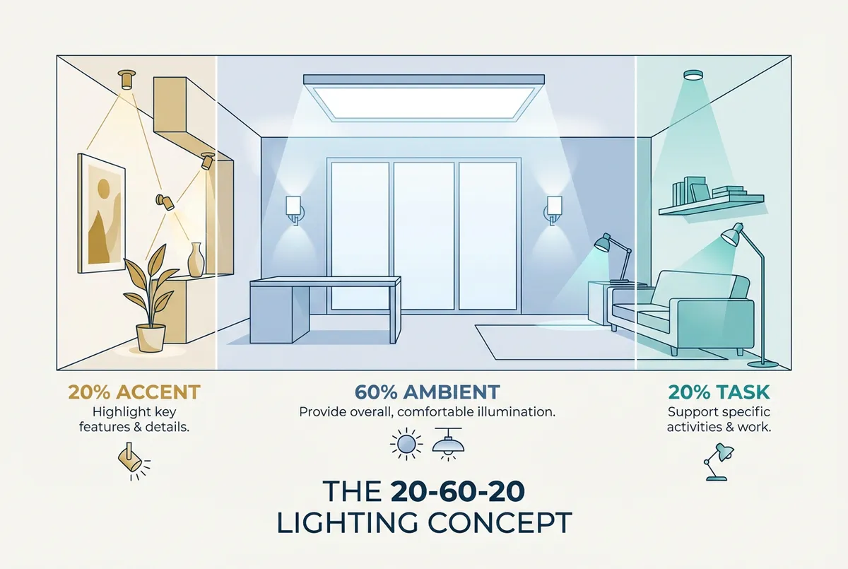 Diagram showing the 20-60-20 lighting distribution across a restaurant dish with shadows, midtones, and highlights clearly marked