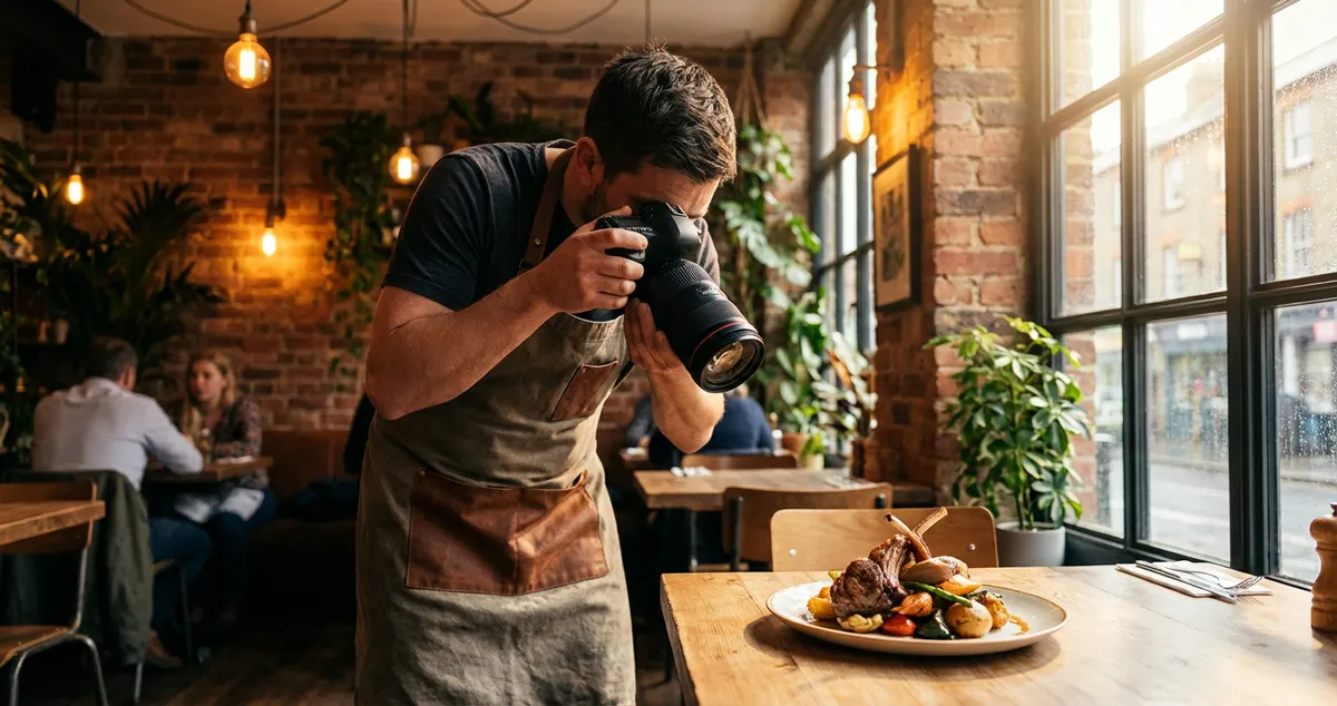 Restaurant owner photographing plated dish by natural window light with smartphone