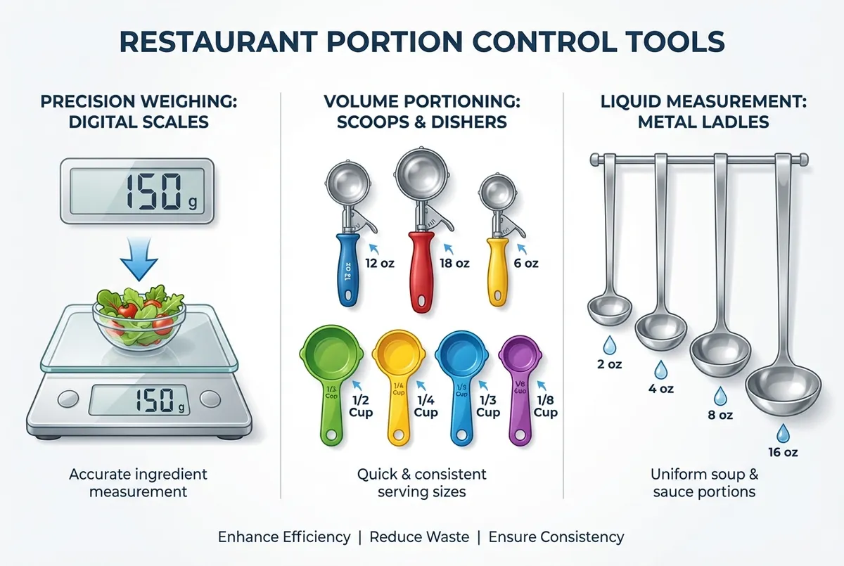 Diagram comparing digital scales, scoops, and ladles for restaurant portion control