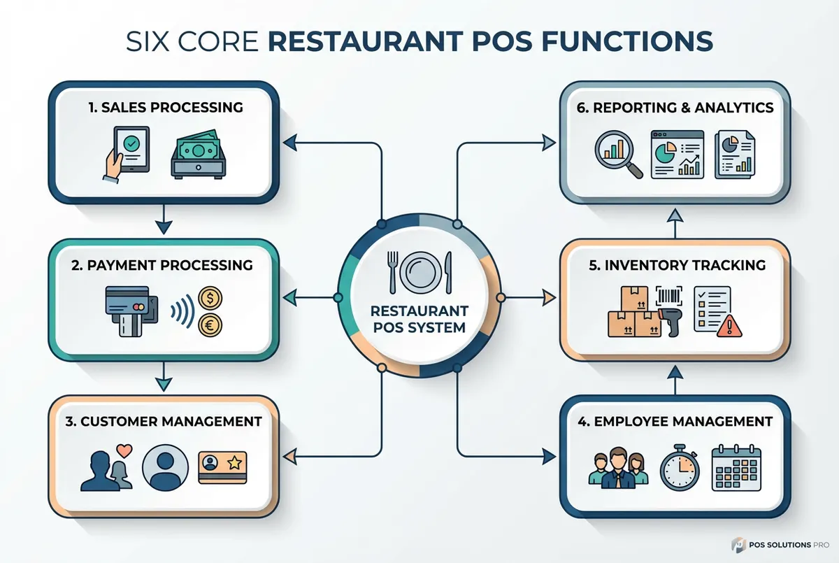Six core functions of restaurant POS systems diagram