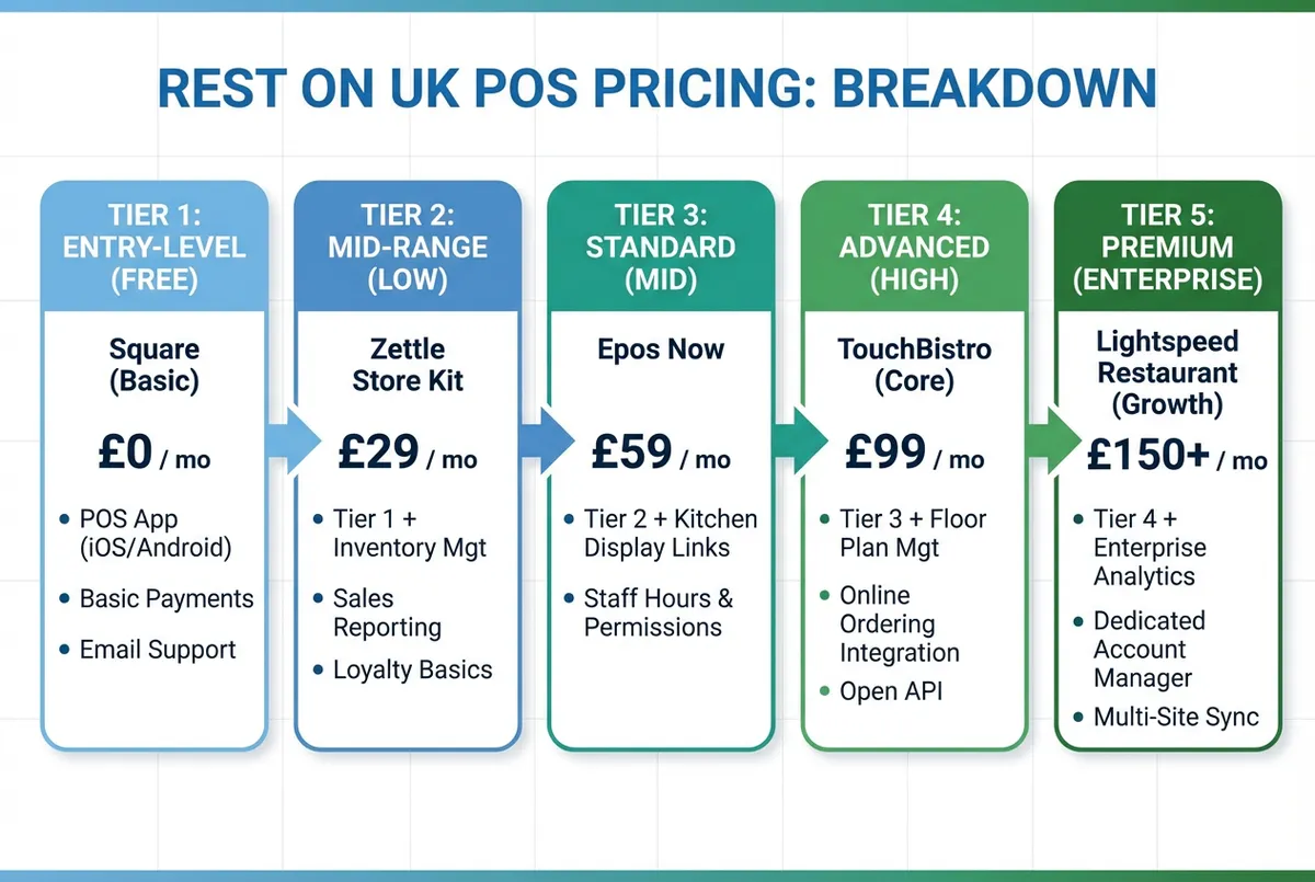 Diagram showing UK restaurant POS software pricing tiers from free to premium